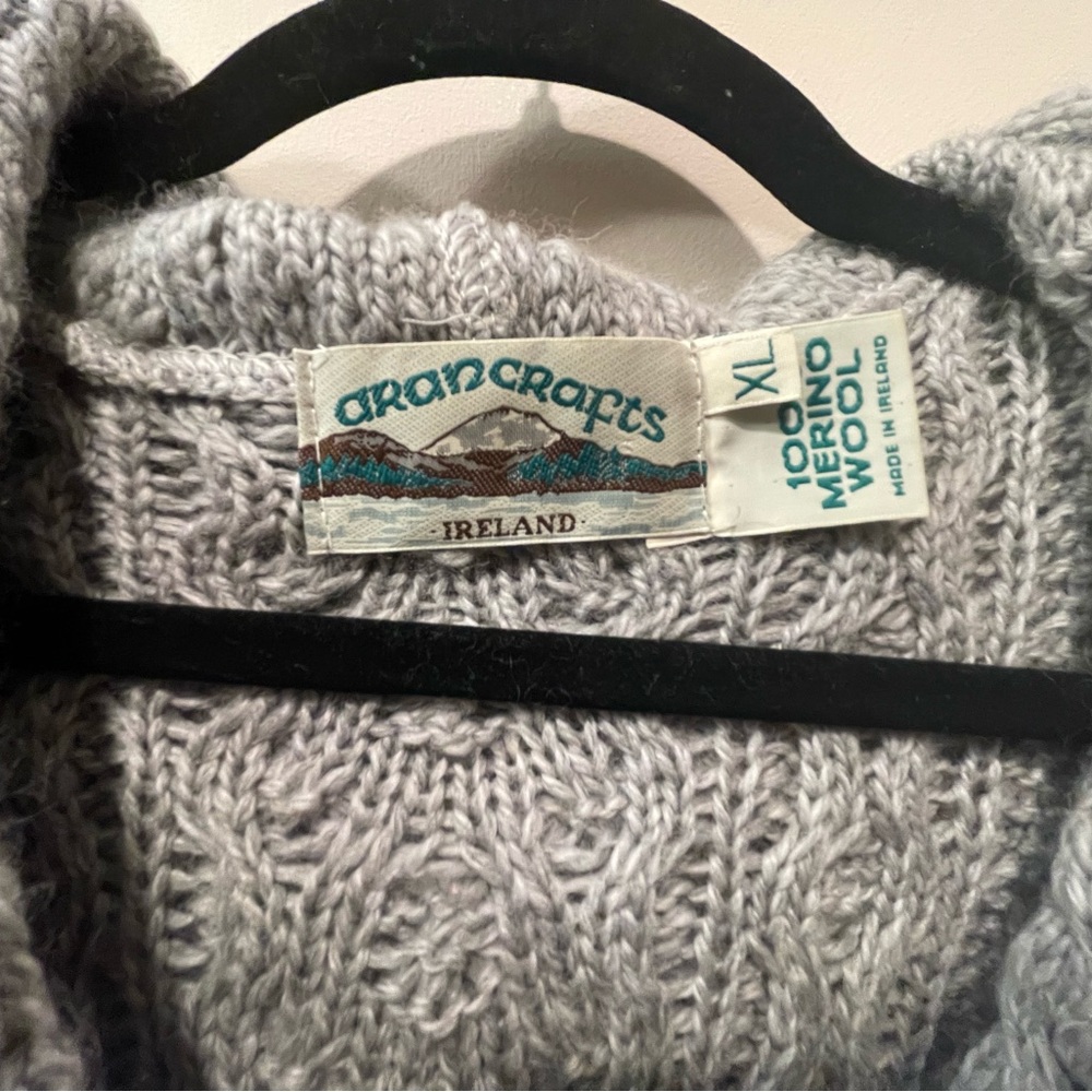 Aran Crafts % Wool Light Gray Cable Hooded Cardigan - Picture 2 of 14
